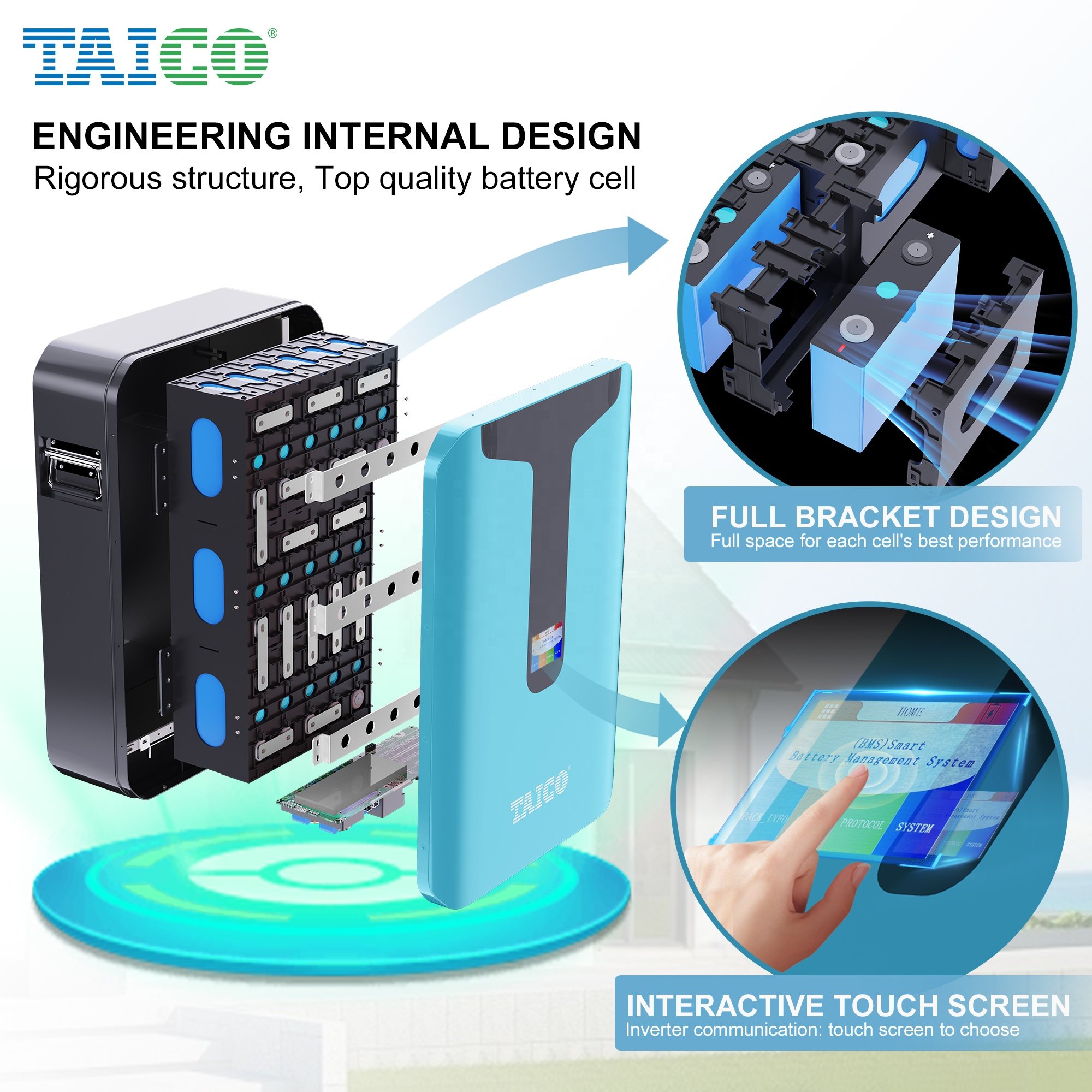 5kwh 10kwh TAICO lifepo4 Wall-Mounted Battery 51.2V 200Ah 100ah for Solar System Home Energy Storage 10kw battery pack