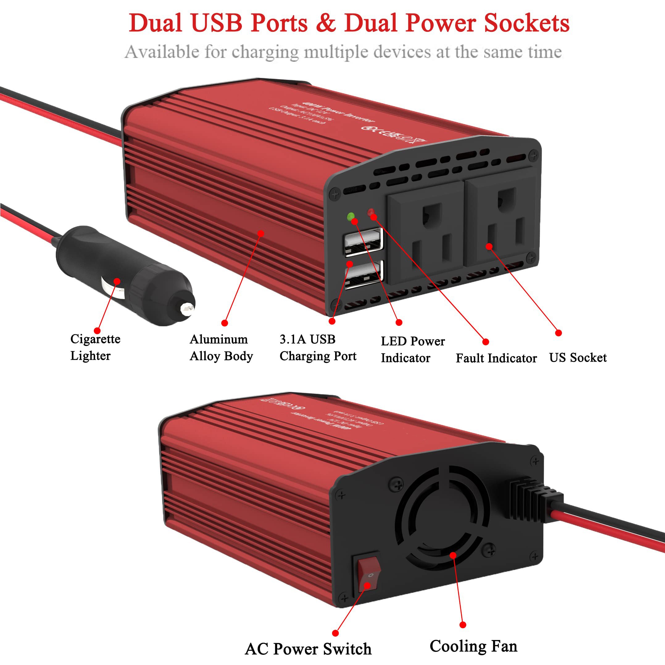 400w DC to AC Power Modified Sine Wave Inverter DC12V/24V to AC 110V/220V with LCD Display Remote Control Car RV Truck Boat