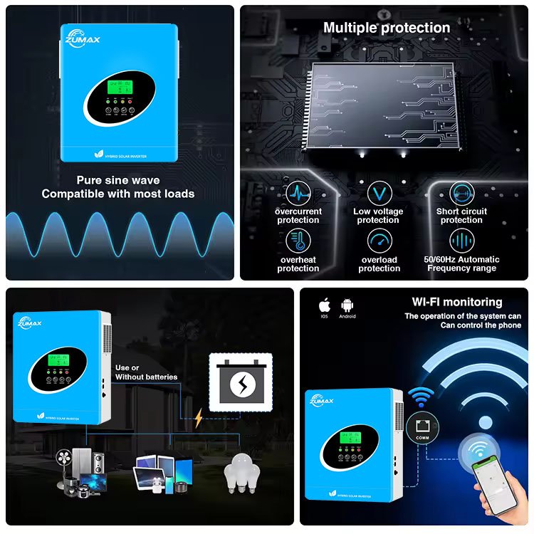 zumax 3kw 4.2kw 6.2kw Wall Mounted Pure Sine Wave Hybrid Off-Grid solar inverters with Mppt solar charge controller home