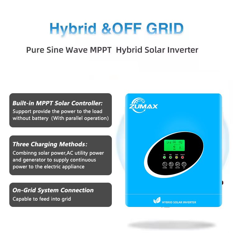 zumax 3kw 4.2kw 6.2kw Wall Mounted Pure Sine Wave Hybrid Off-Grid solar inverters with Mppt solar charge controller home