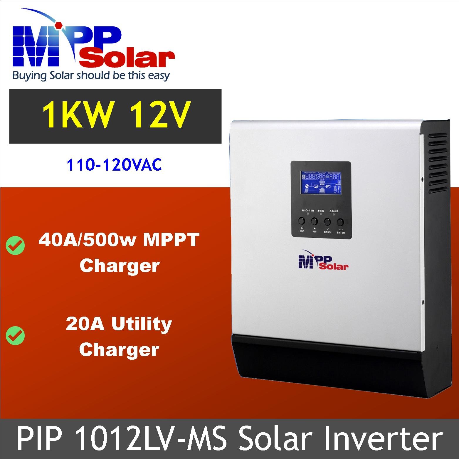 PIP1012LV-MS 1KW 120v 12v mpp solar US pure sine wave solar inverter 40A MPPT solar charger 20A Utility charger