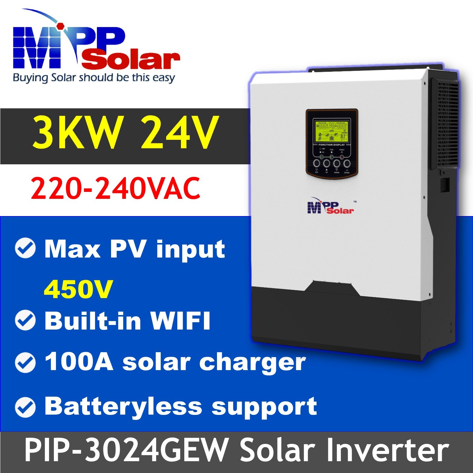 PIP3024GEW 3000w 24v 230v MPP Solar inverter High PV input 450v WiFi MPPT charger 100A Battery optional 3kw pure sine wave mppt