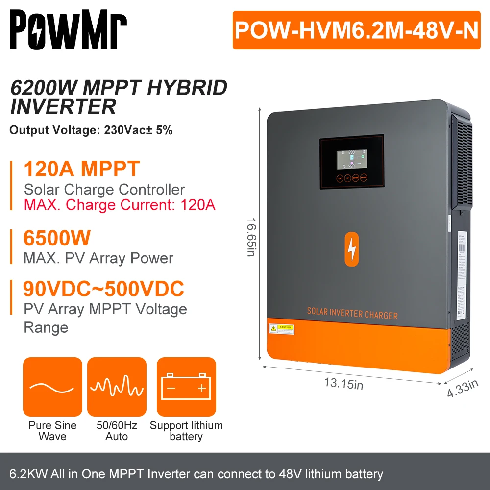 PowMr 6.2KW Off Grid Solar Inverter 48V 230Vac MPPT All in one Solar Charger Inverter for Off Grid Solar System