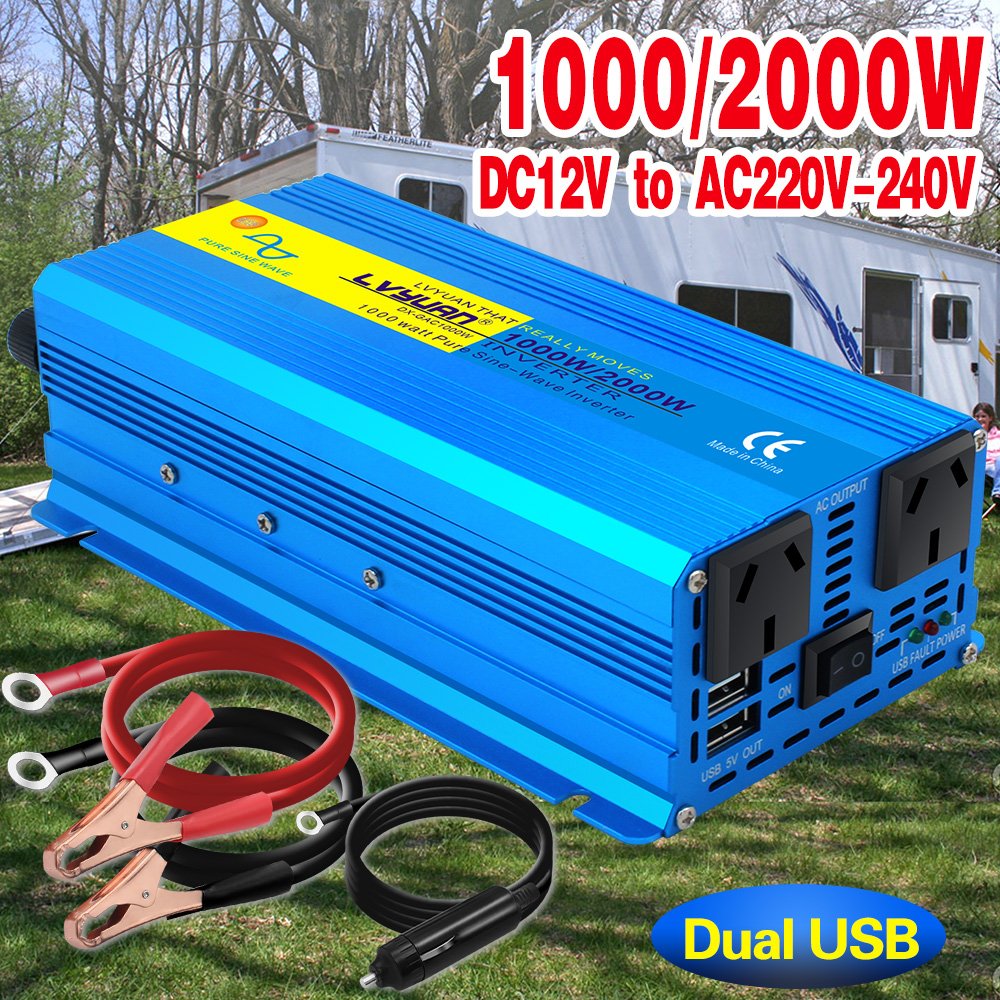 LVYUAN 12V DC 240V AC 2000W Peak Power Converter AU Sockets Solar Car Inverter Voltage Pure Sine Wave Inverter