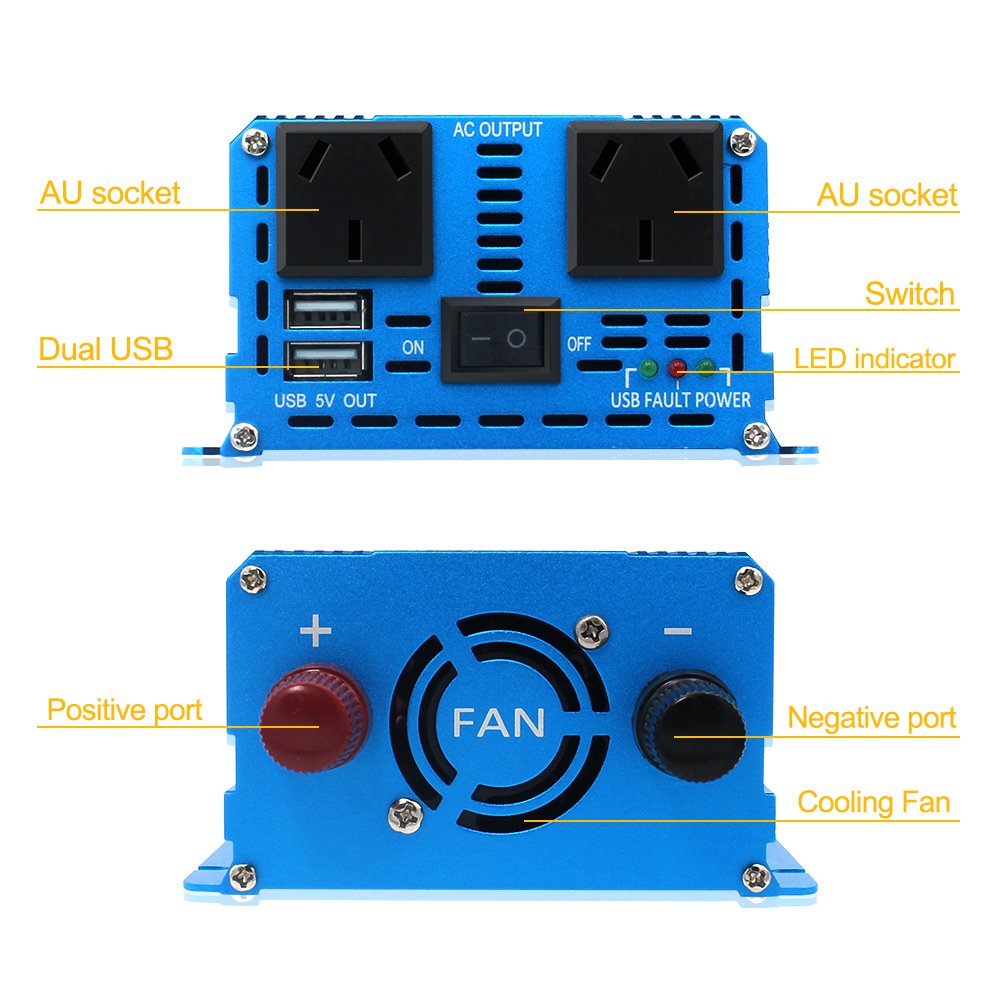 LVYUAN 12V DC 240V AC 2000W Peak Power Converter AU Sockets Solar Car Inverter Voltage Pure Sine Wave Inverter