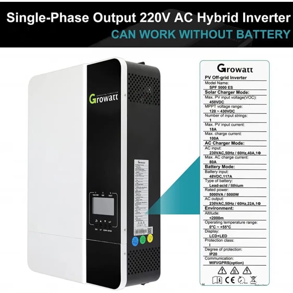 Growatt SPF5000ES 5KW Off Grid Solar Inverter Single-phase Pure Sine Wave Energy Storage Inverter Ready to Ship