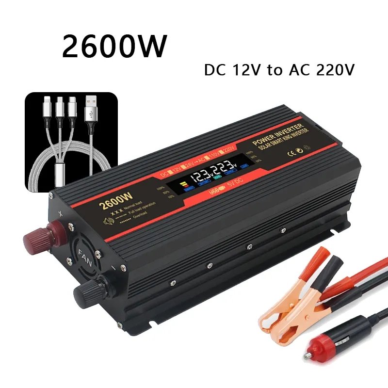 12v 220v Solar Inverter 1500W 2000W 2600W Portable Voltage Transformer Auto Charger Converter Car Power Inverter