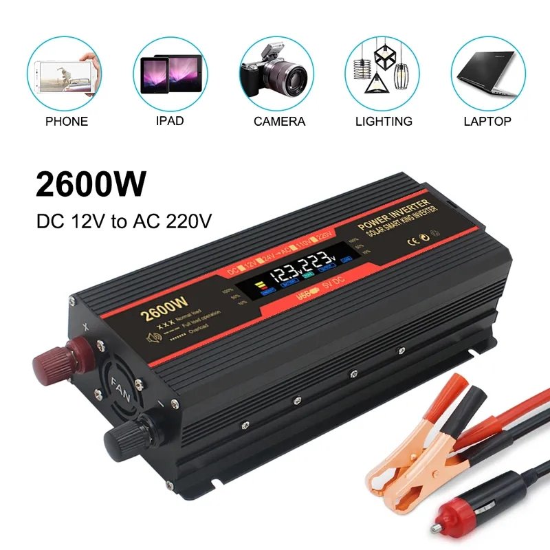 12v 220v Solar Inverter 1500W 2000W 2600W Portable Voltage Transformer Auto Charger Converter Car Power Inverter