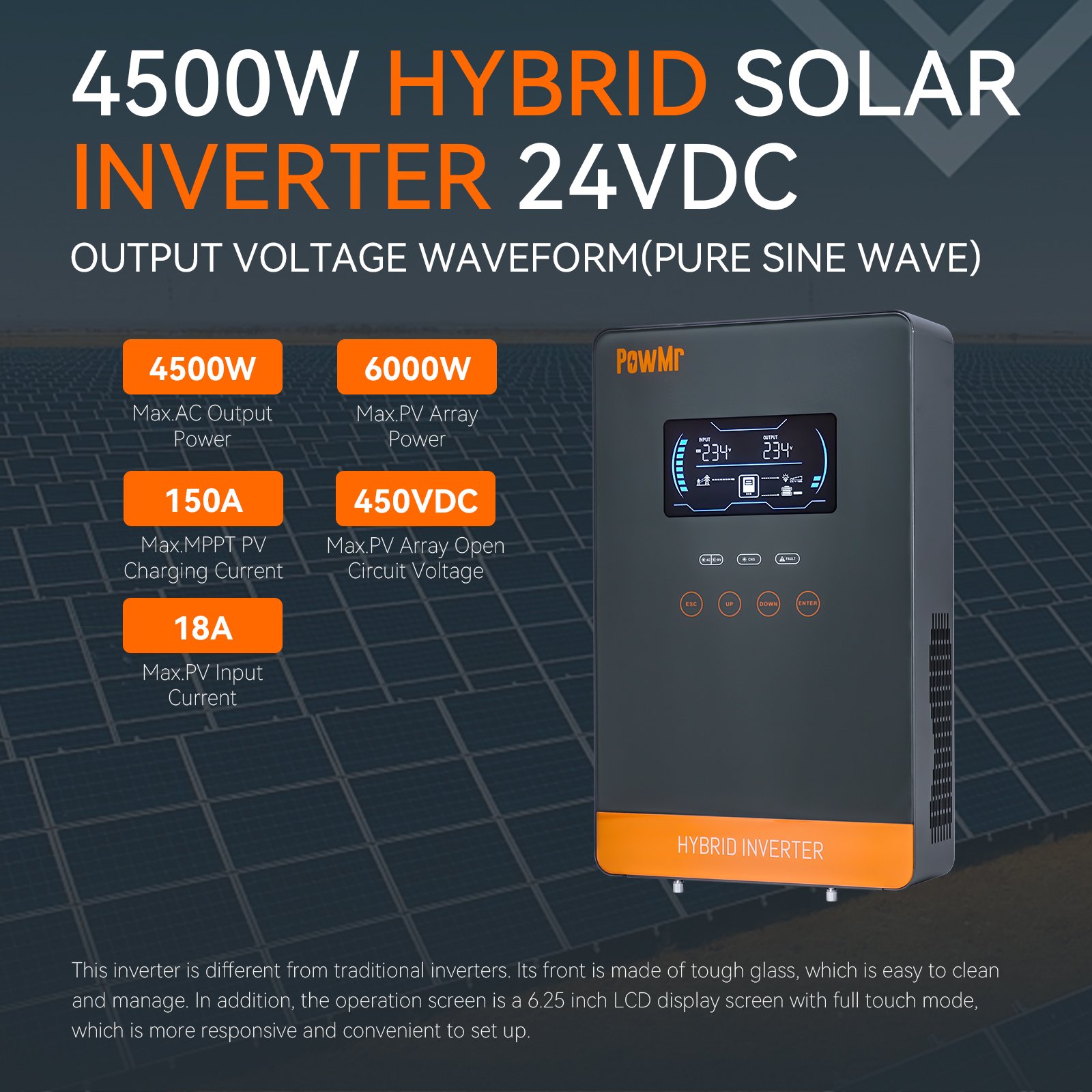 PowMr 6.5KW 48V 4.5KW 24V Solar Inverter 500Vdc Wide Voltage Built-in 150A MPPT Off grid Hybrid Solar Inverter