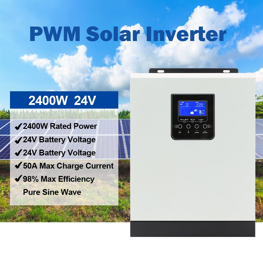 Y&H 2400W Hybrid Solar Inverter 220V 50A PWM 3KVA Pure Sine Wave Inverter 50/60HZ Off Grid 24V Battery Charger Solar Inverter