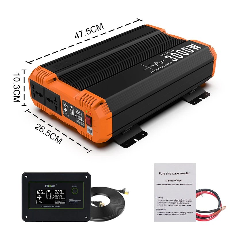 3000W Pure Sine Wave Solar Energy Inverter DC12V/24V To AC220V 50HZ Voltage Converter Home RVs System Power Supply Kits With LCD