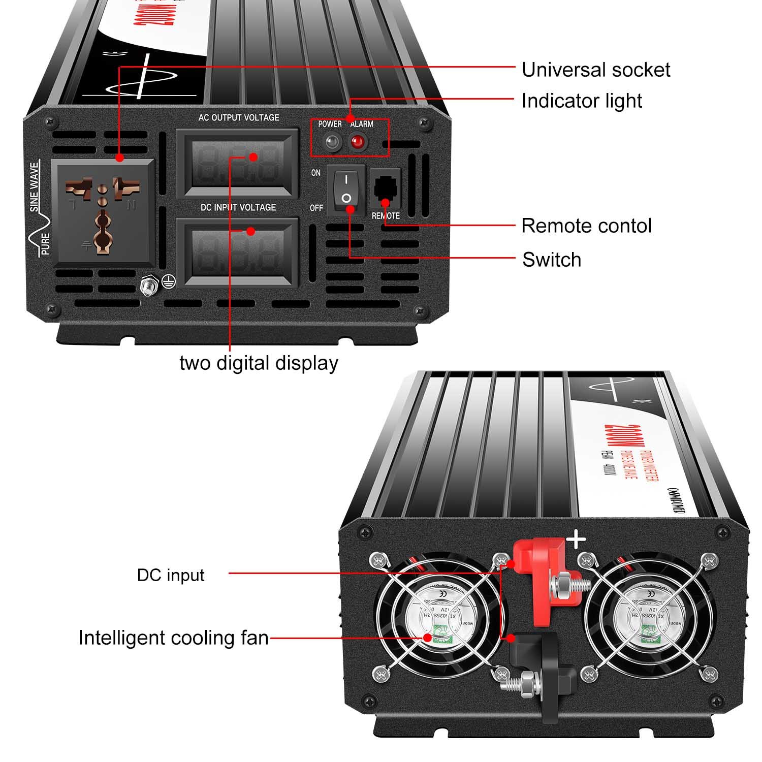 pure sine wave 2000W 12v/ 24V DC 120V/220V/ 230V AC inverter, solar inverter