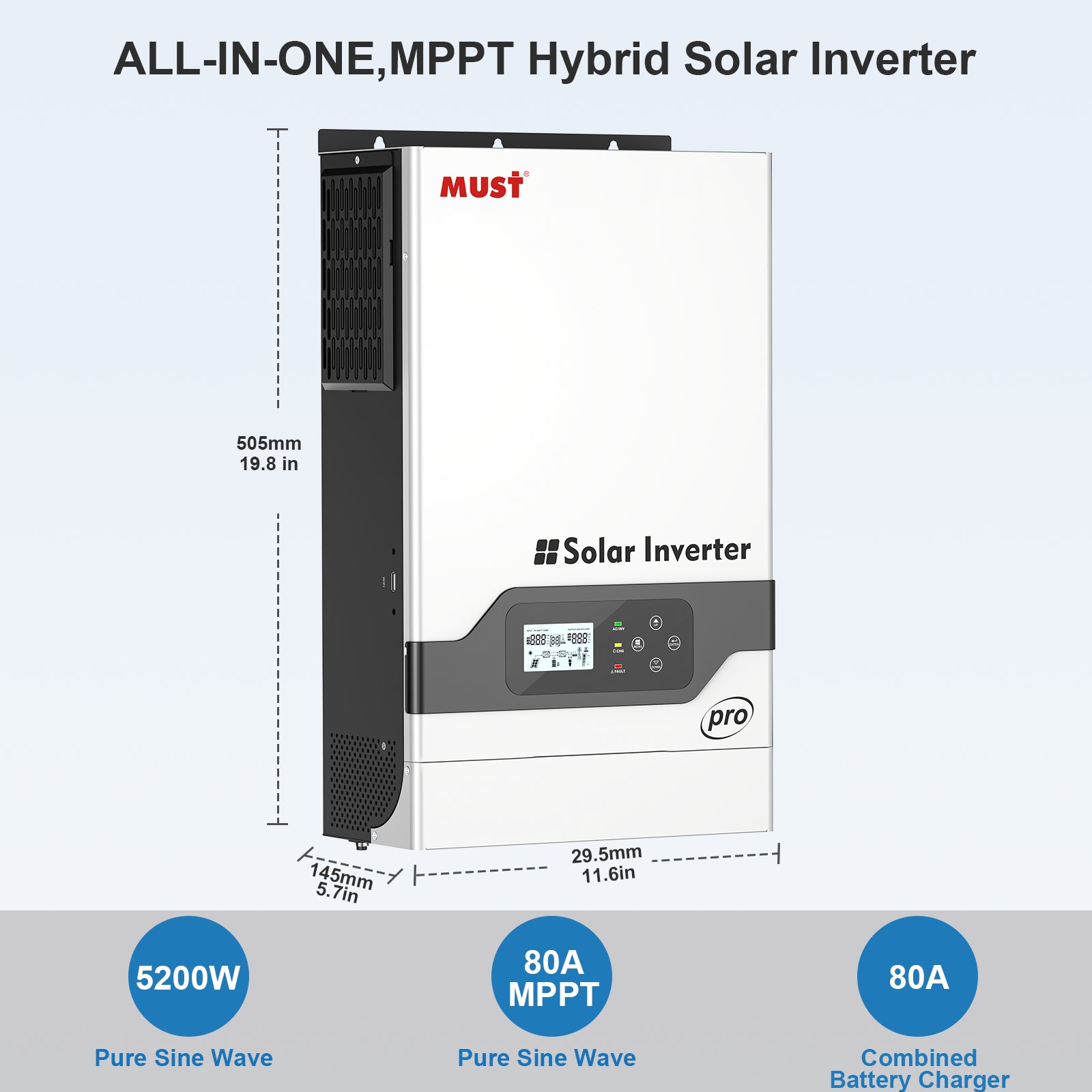 80A MPPT Solar Controller 5.2KVA High Frequency Pure Sine Wave Solar Inverter WiFi Must Built Output Type AC Volta 48V DC