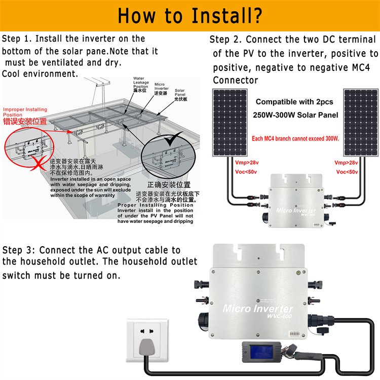 700W WVC Series Waterproof Grade IP65 Micro Grid-Connected MPPT Inverter DC28-50V 120V 230V Auto Solar Grid Tie Converter