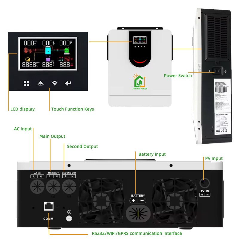 Hybrid Solar Inverter 4.2kw Rated Power Dual Output Single Phase AC inverter 4200w with 120A MPPT RS232