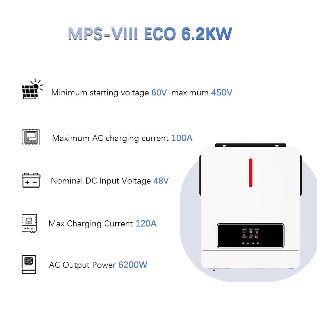 Y&H 6.2KW 48VDC On/Off-Grid Solar Hybrid Inverter AC220V Two Load Output Power MPPT 120A Solar Charger Max PV Power 6500W Input