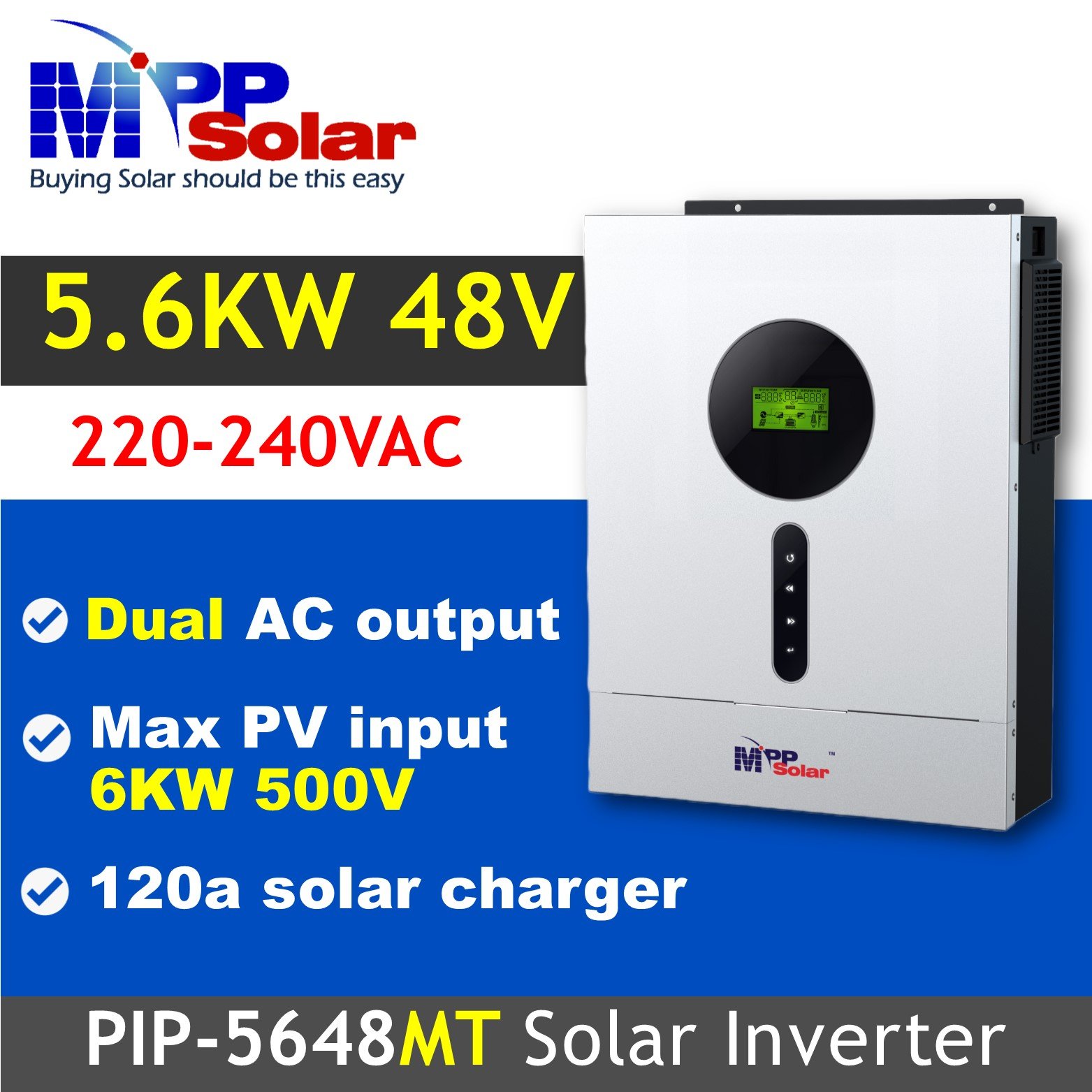 PIP5648MT 5600w 48v 230v MPP Solar inverter High PV input 500v 120A MPPT charger pure sine wave off grid mppt solar inverter