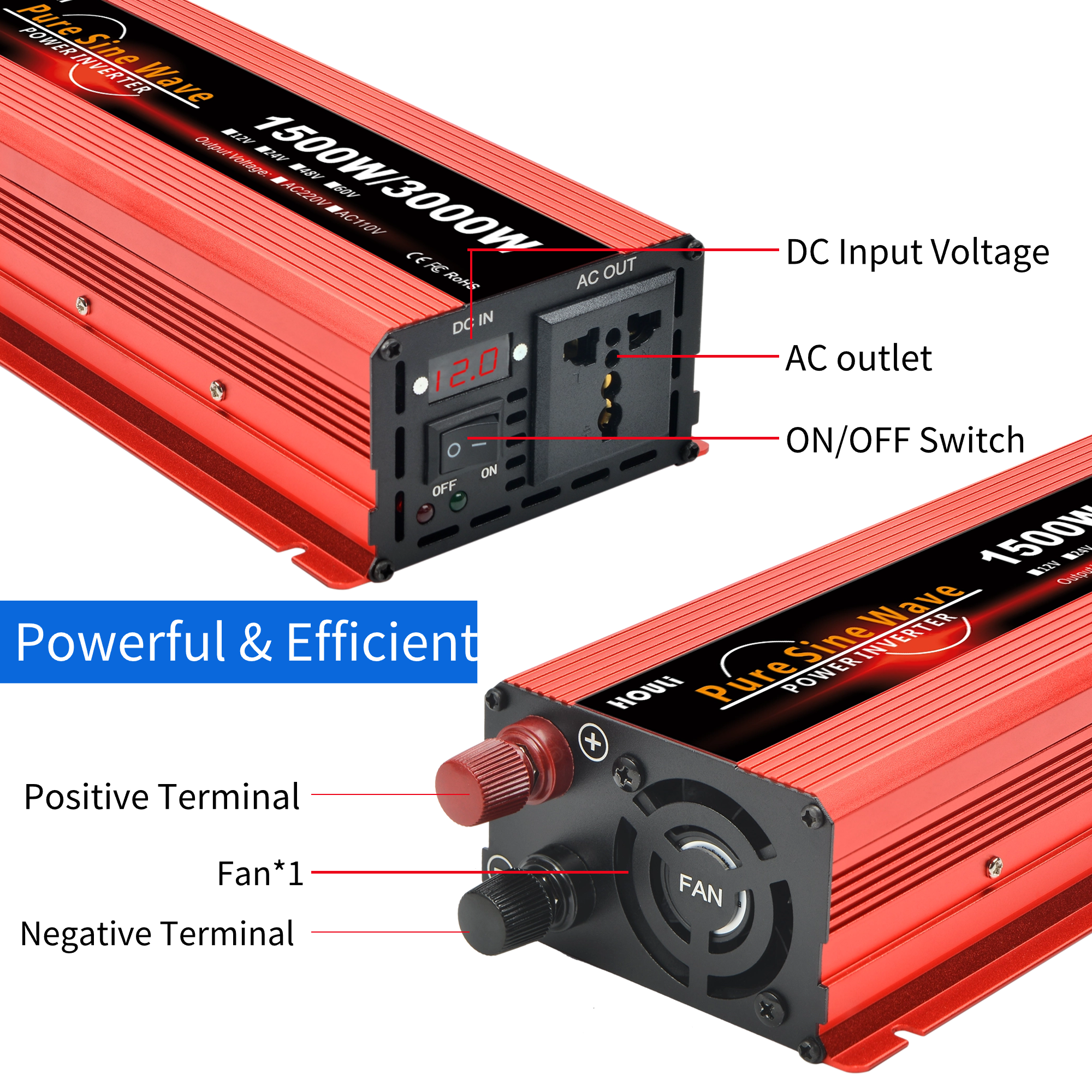 HOULI dc 12v to ac 110v 220v 240v 1000 watt car pure sine wave power car solar inverte 2000w 3000w convert