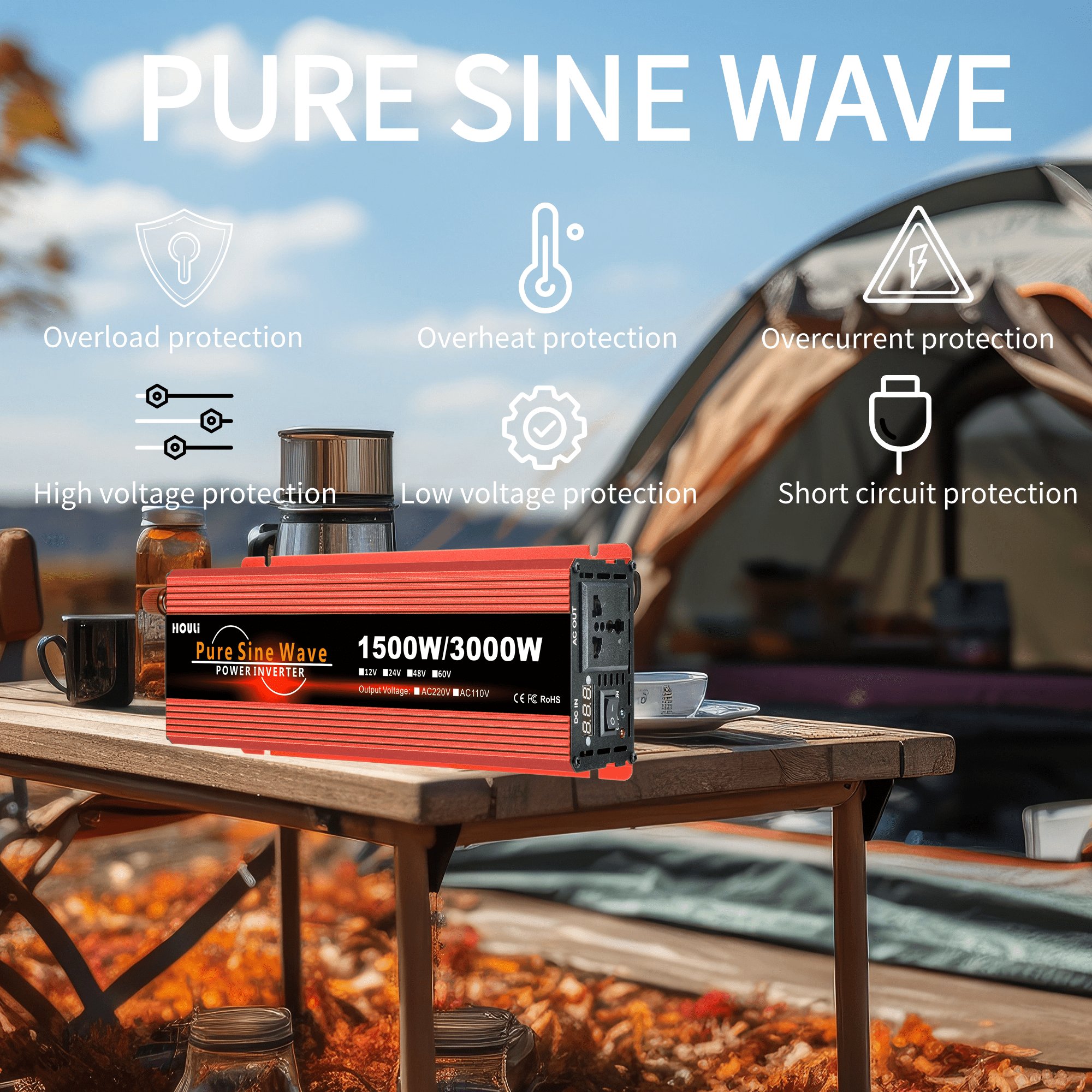 HOULI dc 12v to ac 110v 220v 240v 1000 watt car pure sine wave power car solar inverte 2000w 3000w convert