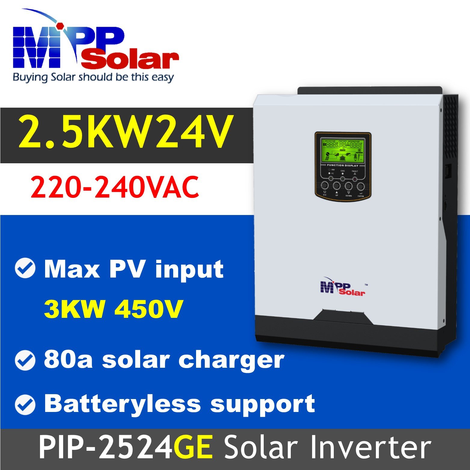PIP2524GE 2500W 24V 230V MPP Solar inverter MPPT solar charger 80A High PV input 450vdc ac charger 80A pure sine wave