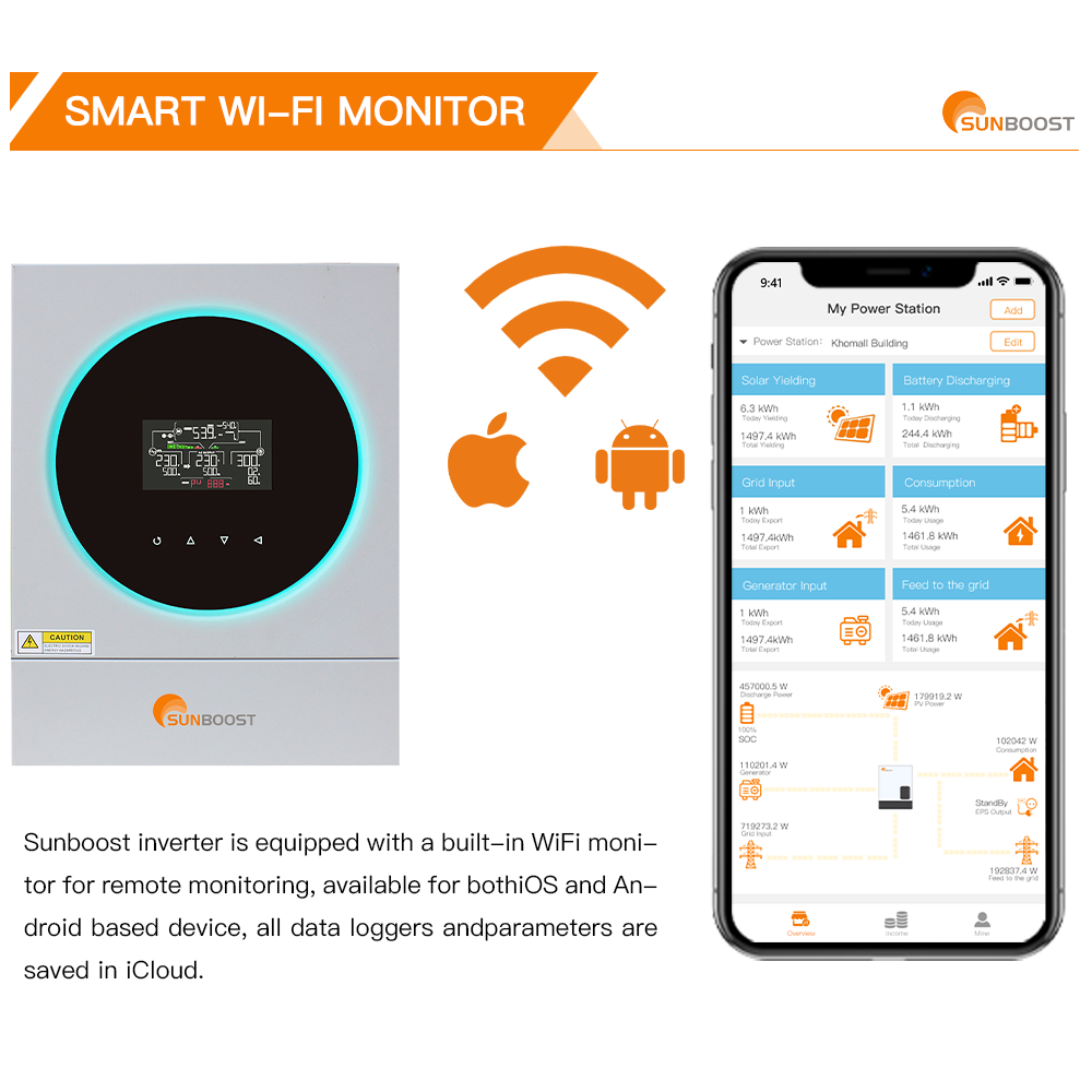 SUNBOOST 5KW 6KW 4KW Solar Inverters Pure Wave Phase Single MPPT Grid off and on Inverter with Solar Charging Capability