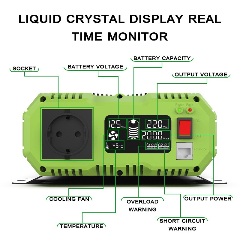 EU Truck RV Solar Inverter 12V to 110V Inverter Power Converter with LCD Display for Vehicles Truck Semi Camping