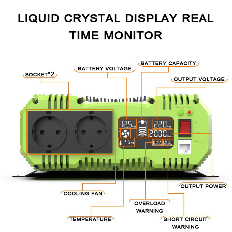 EU Truck RV Solar Inverter 12V to 110V Inverter Power Converter with LCD Display for Vehicles Truck Semi Camping