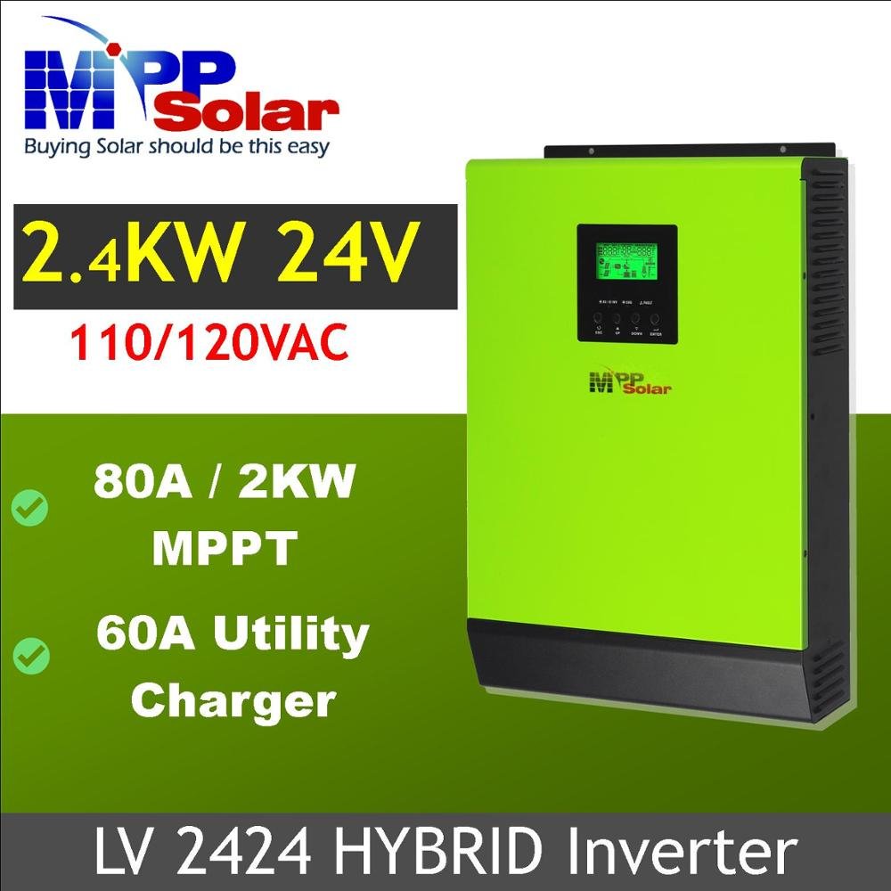Hybrid LV2424 MPP Solar inverter 2400w 110v 24v 80A MPPT charger 60 A AC charger 60A Parallel 2400w 120vac pure sine wave