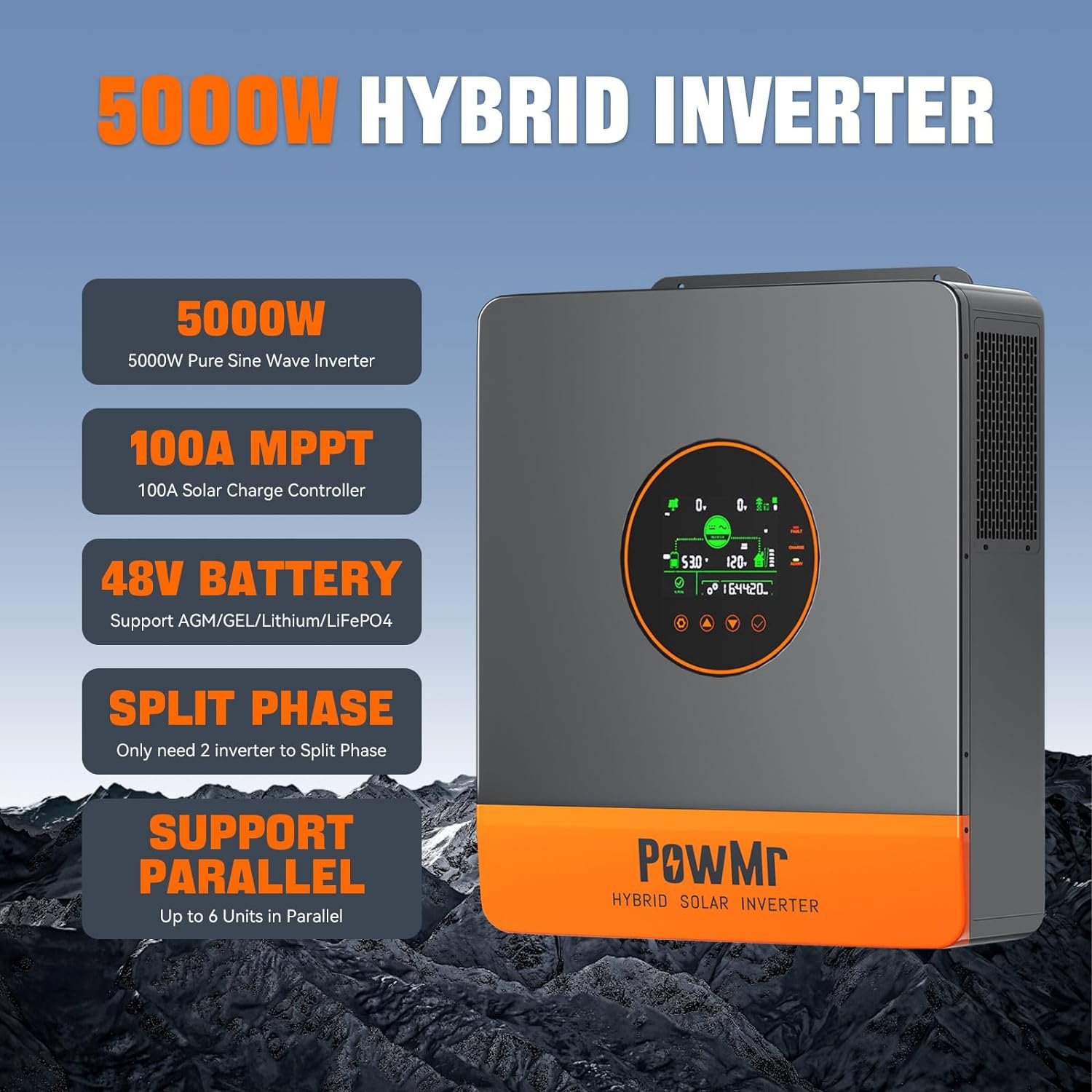 PowMr Split Phase 5KW 5000W 48V Hybrid Solar Inverter 110/120Vac Support Parallel Solar Hybrid Inverter