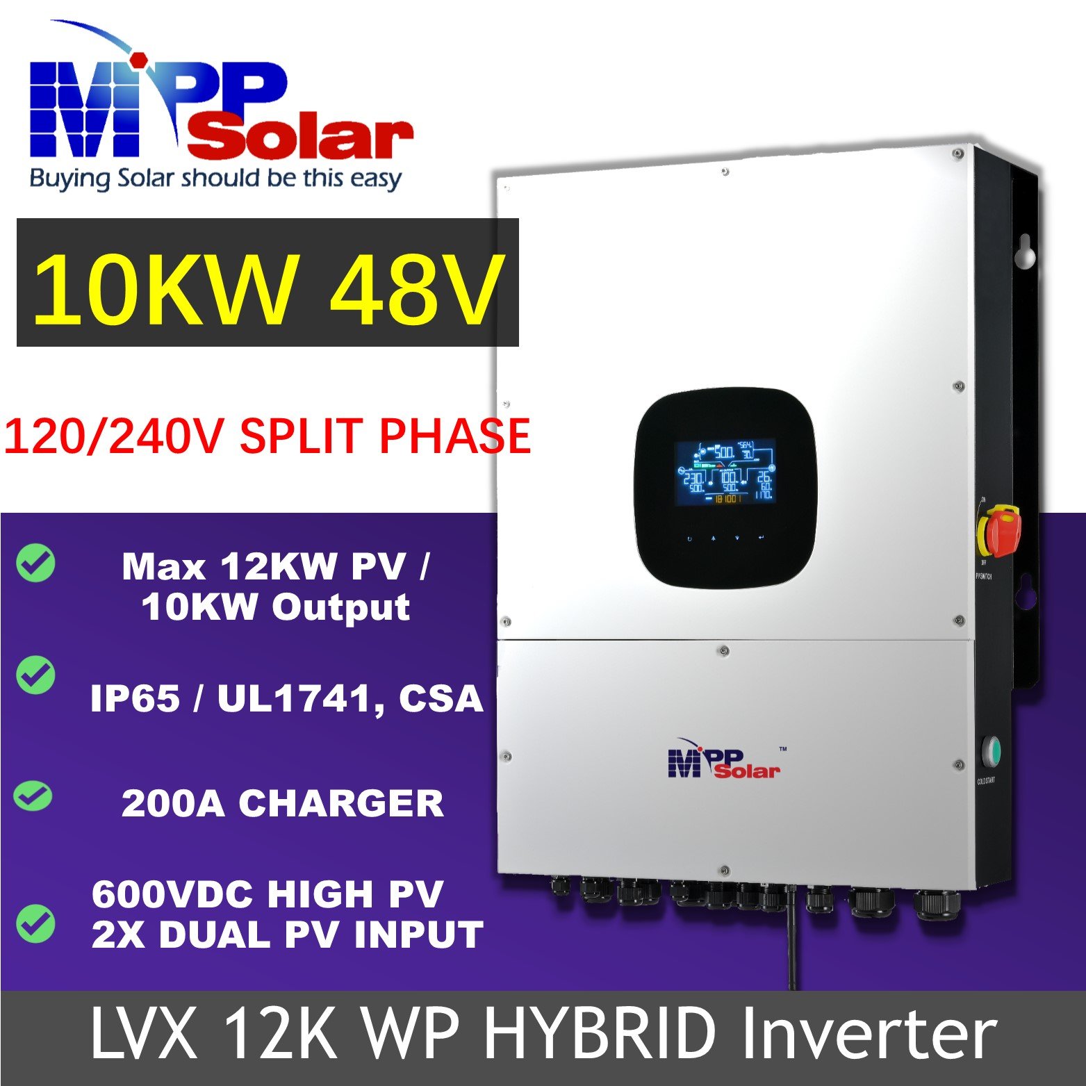 LVX12kw WP 10kw 48v MPP Solar Inverter Hybrid Split Phase PV max input 600v MPPT WiFi inbuilt UL1741 / CSA