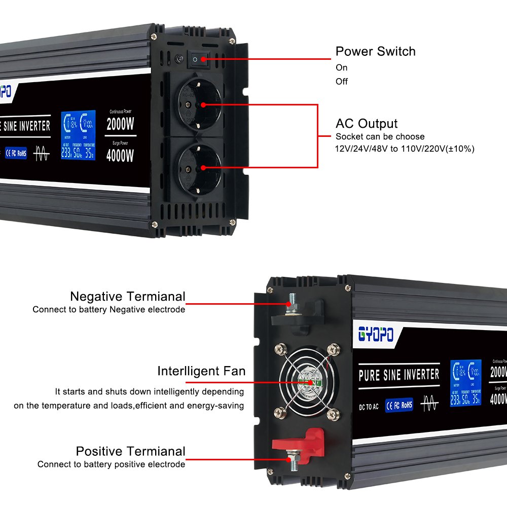 Gyopo Custom Car Power Inverters 2kw 12v 24v 48v to 110v 220v Off Grid Pure Sine Wave Inverter for Car