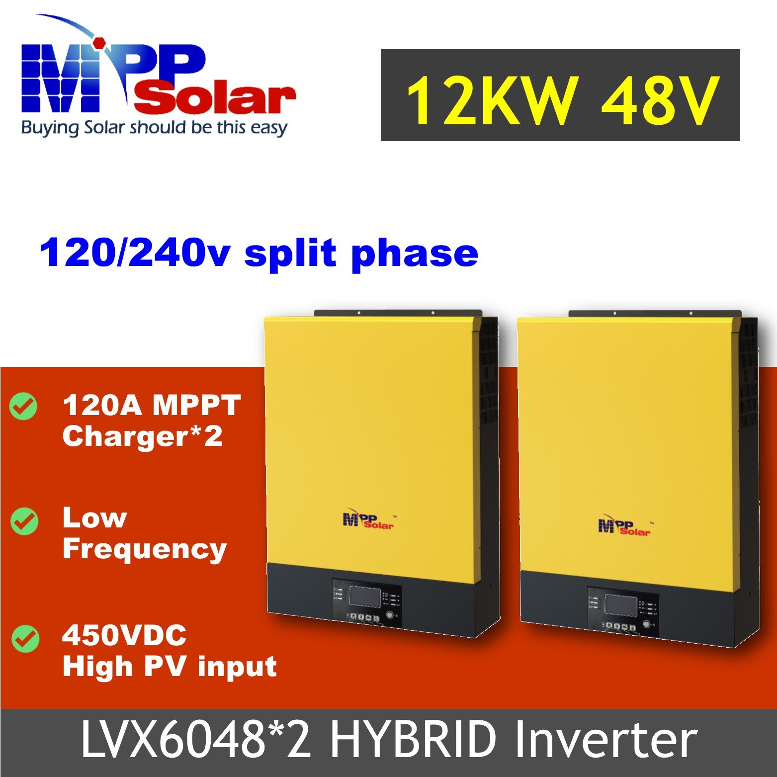 LVX6048*2+parallel*2 12000w 110v 220v 48v Split phase MPP Solar inverter Max PV 450v Wifi battery charger 240a