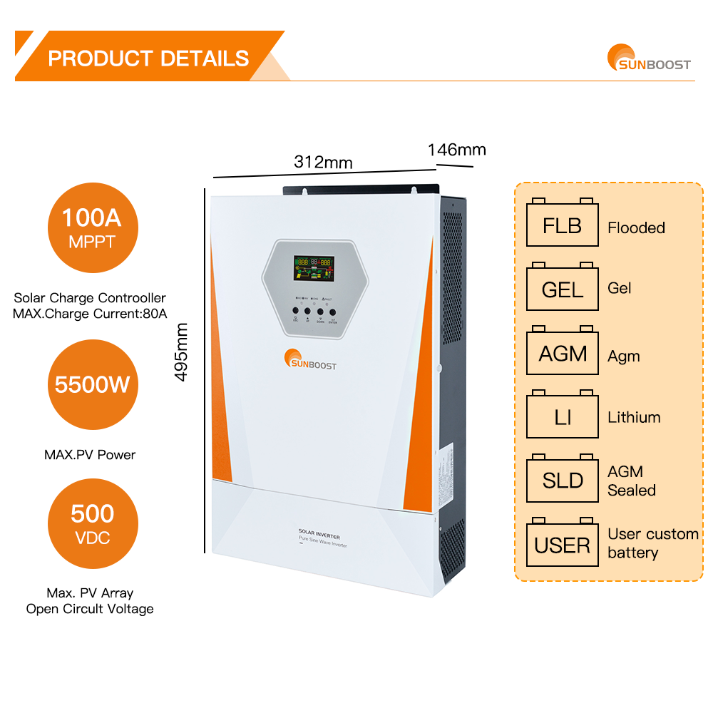 Sunboost 3.5kw 5.5kw 7kw 11kw 24V 48V to 220V off grid mppt solar energy charge hybrid inverter system