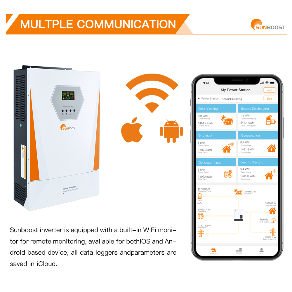 Sunboost 3.5kw 5.5kw 7kw 11kw 24V 48V to 220V off grid mppt solar energy charge hybrid inverter system