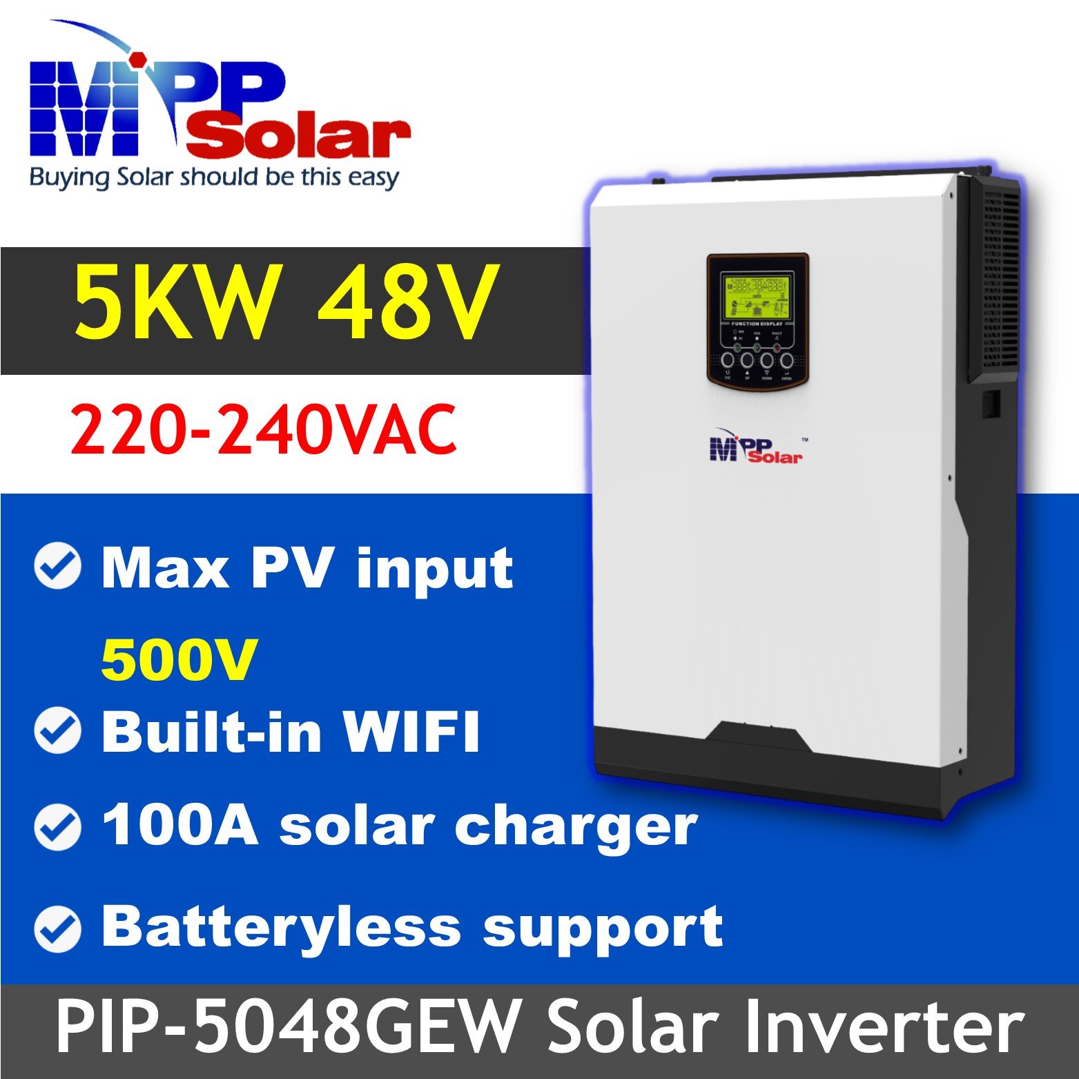 PIP5048GEW MPP solar 5000w 48v 230v Wifi High PV input 500V MPPT charger 100A pure sine wave off grid solar inverter