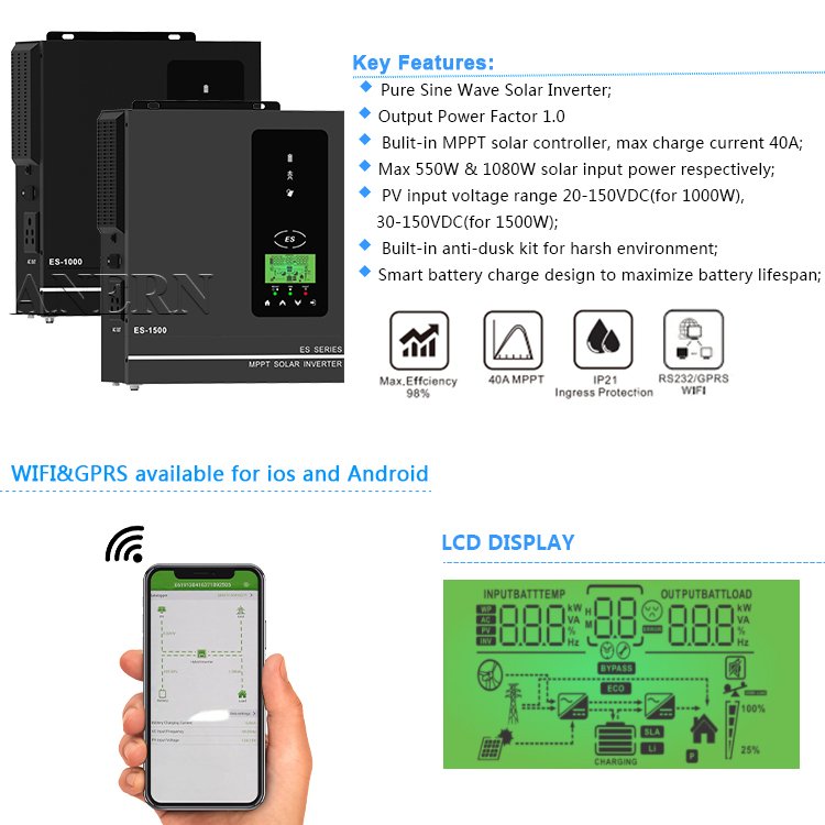 Anern 1.5 kw 3kw 5kw 8kw 12v price hybrid solar inverter without battery