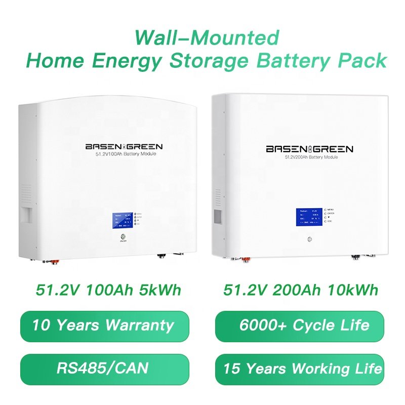 Basen 51.2V 5Kwh 10Kwh Wall Mounted Long Cycle Life Lifepo4 48V 100Ah 200Ah Lithium Ion Battery For Solar System Energy Storage