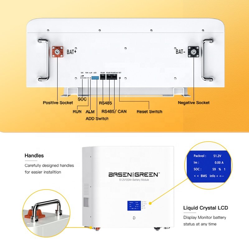 Basen 51.2V 5Kwh 10Kwh Wall Mounted Long Cycle Life Lifepo4 48V 100Ah 200Ah Lithium Ion Battery For Solar System Energy Storage