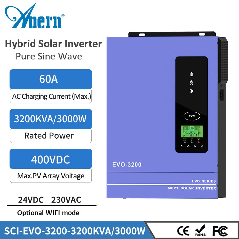 Anern 2kw 12v solar inverter 3kw hybrid solar inverter 3kva 24v
