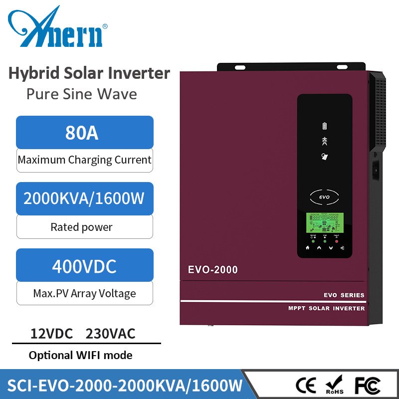 Anern 2kw 12v solar inverter 3kw hybrid solar inverter 3kva 24v