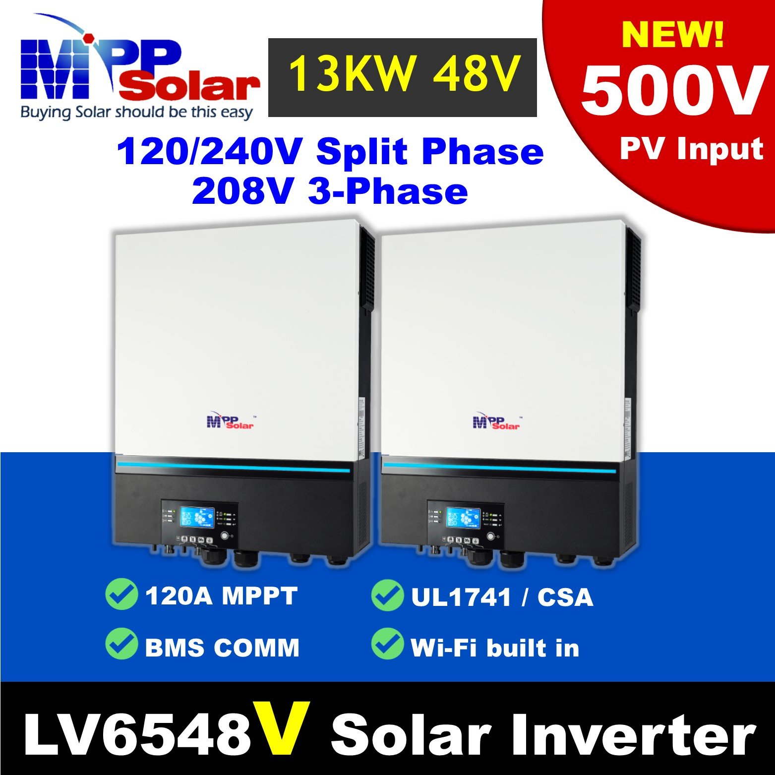 LV6548V*2 13000w PV 500v 120v 240v split phase mppsolar pure sine wave solar inverter 48V UL1741 240A MPPT solar charger WiFi