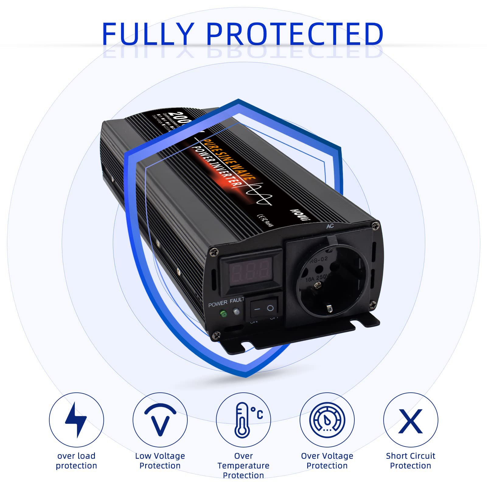 HOULI Pure Sine Wave Car Inverter 2000W 12V 24V to 220V 2000 Watt Solar Power Inverter Onduleur De Puissance De Voiture