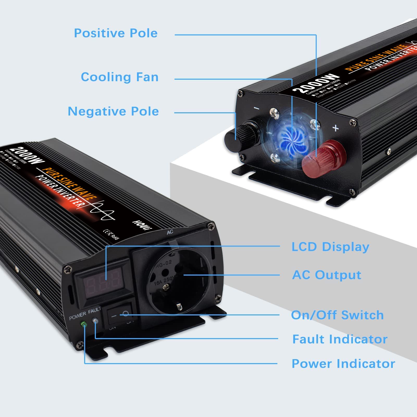 HOULI Pure Sine Wave Car Inverter 2000W 12V 24V to 220V 2000 Watt Solar Power Inverter Onduleur De Puissance De Voiture