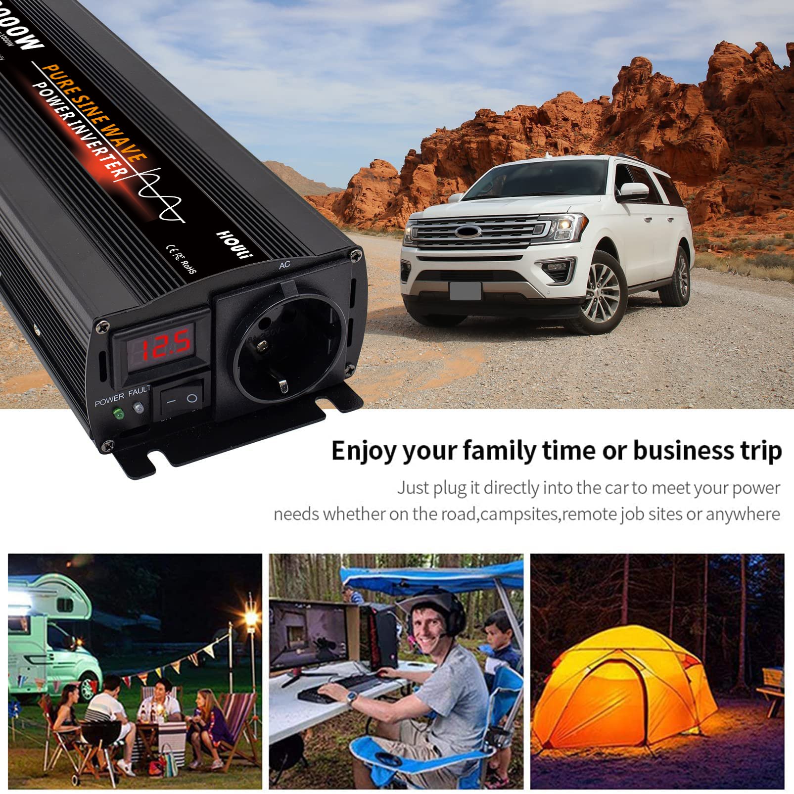 HOULI Pure Sine Wave Car Inverter 2000W 12V 24V to 220V 2000 Watt Solar Power Inverter Onduleur De Puissance De Voiture