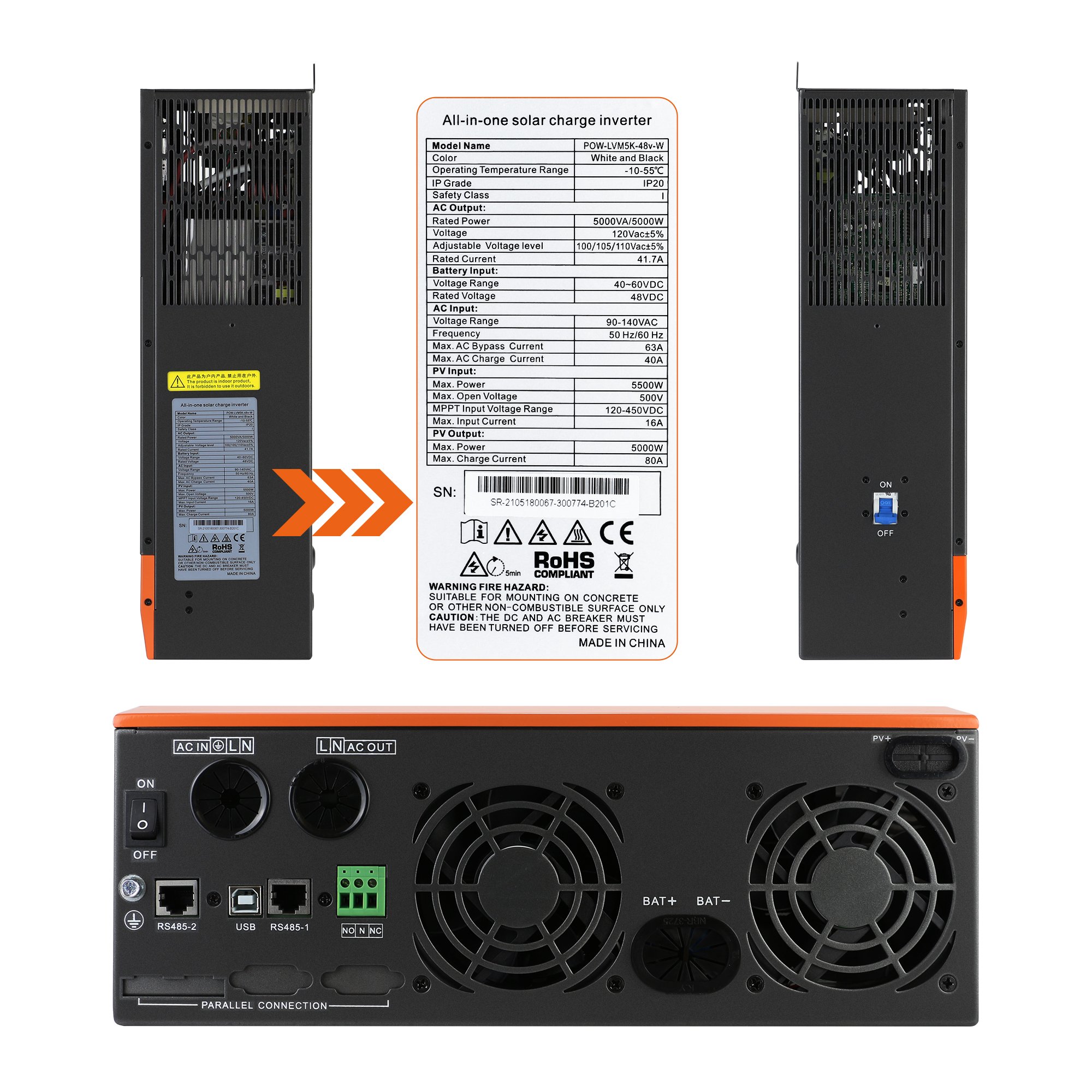PowMr 3KW 3.5KW 5KW MPPT 60A 80A Charge Controller 48V 110VAC 145/500VDC Hybrid Solar Inverter
