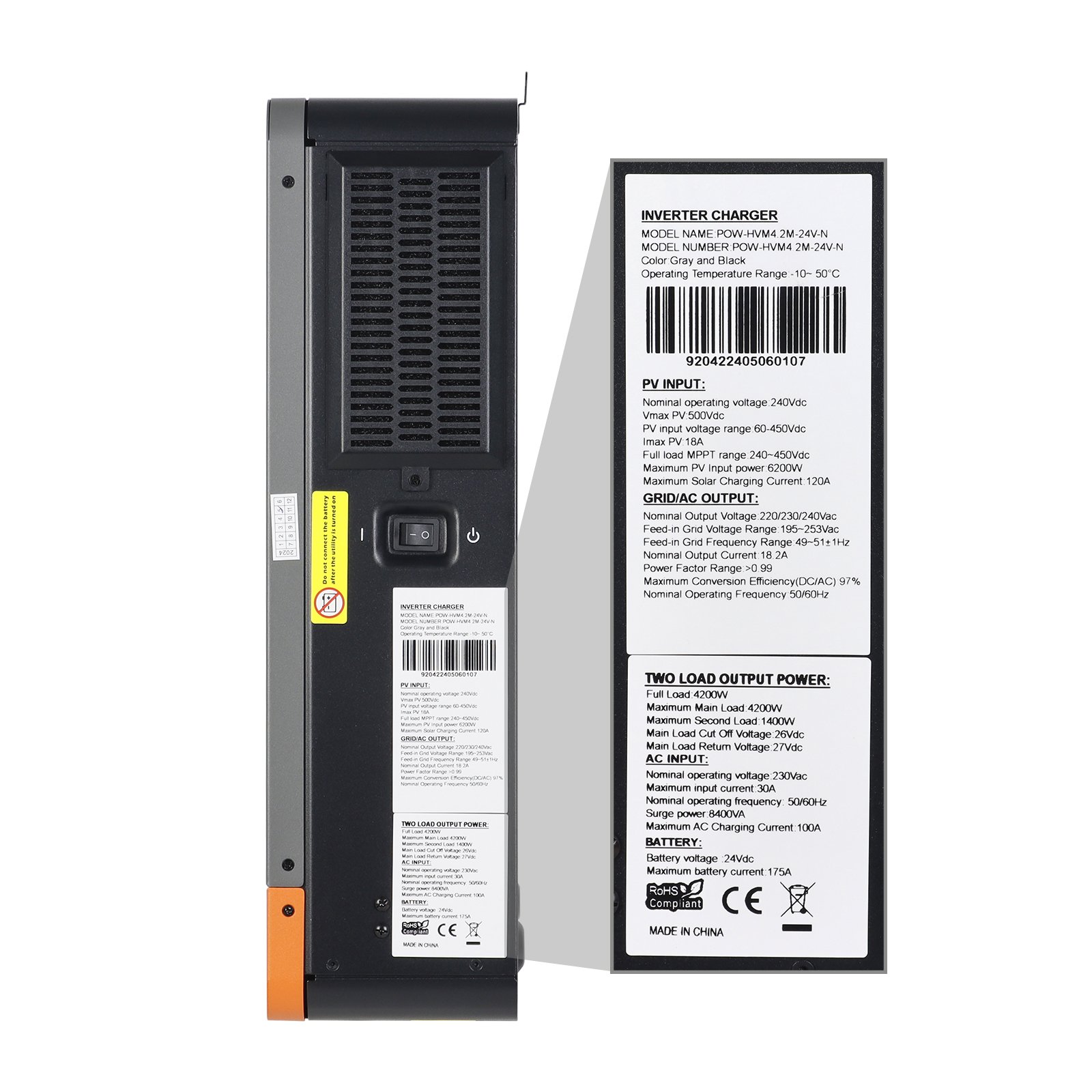 PowMr Single Phase 6.2KW 6200W Solar Inverter 48Vdc to 220/230Vac MPPT Inverter for Off grid Solar System