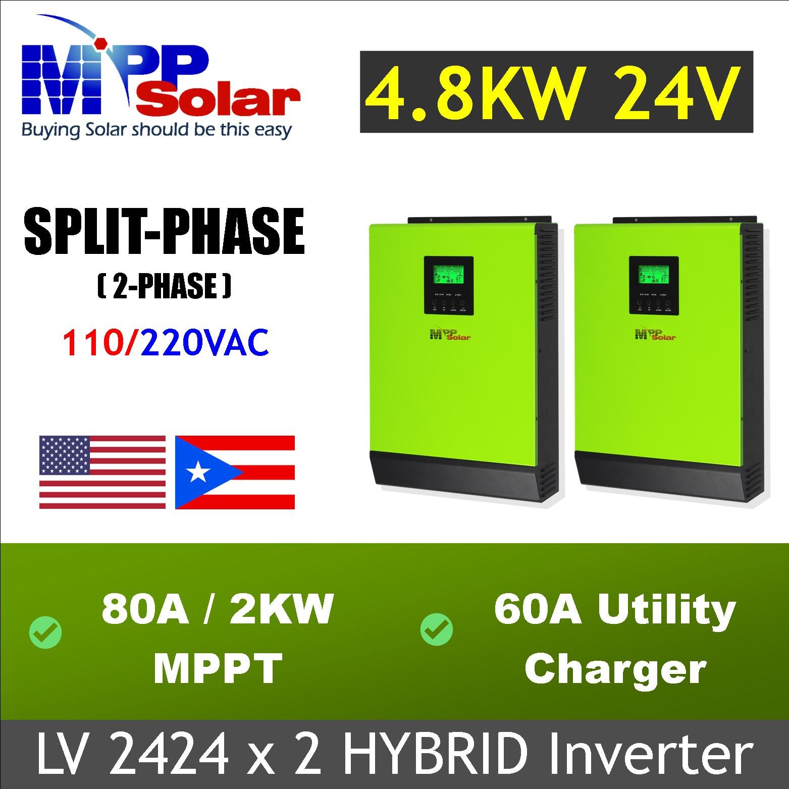 Hybrid LV2424 *2 4800w 24v 110v 220v MPP Solar inverter split phase 160A MPPT charger single phase