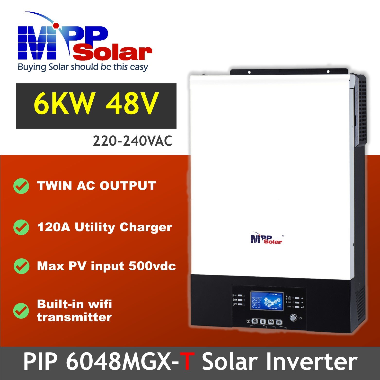 PIP6048MGX-T 6000w 48v 230v MPP Solar MPPT 120A AC Charger Max PV Input 500v WIFI Dual AC Output Parallelable Pure Sine Wave