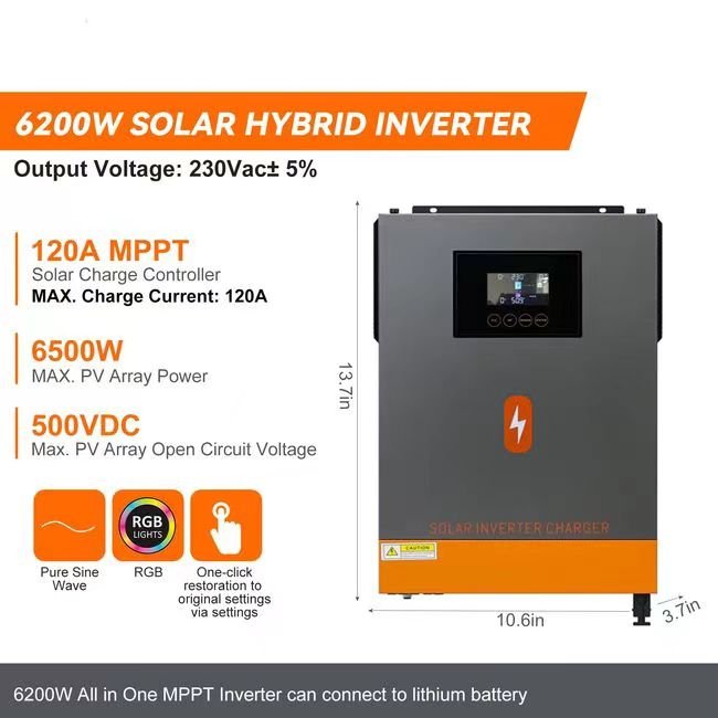 PowMr High Frequency 6.2KW 48V 4.2KW 24V 220V Inverter Charger Built-in 120A MPPT Pure Sine Wave Hybrid Solar Inverter