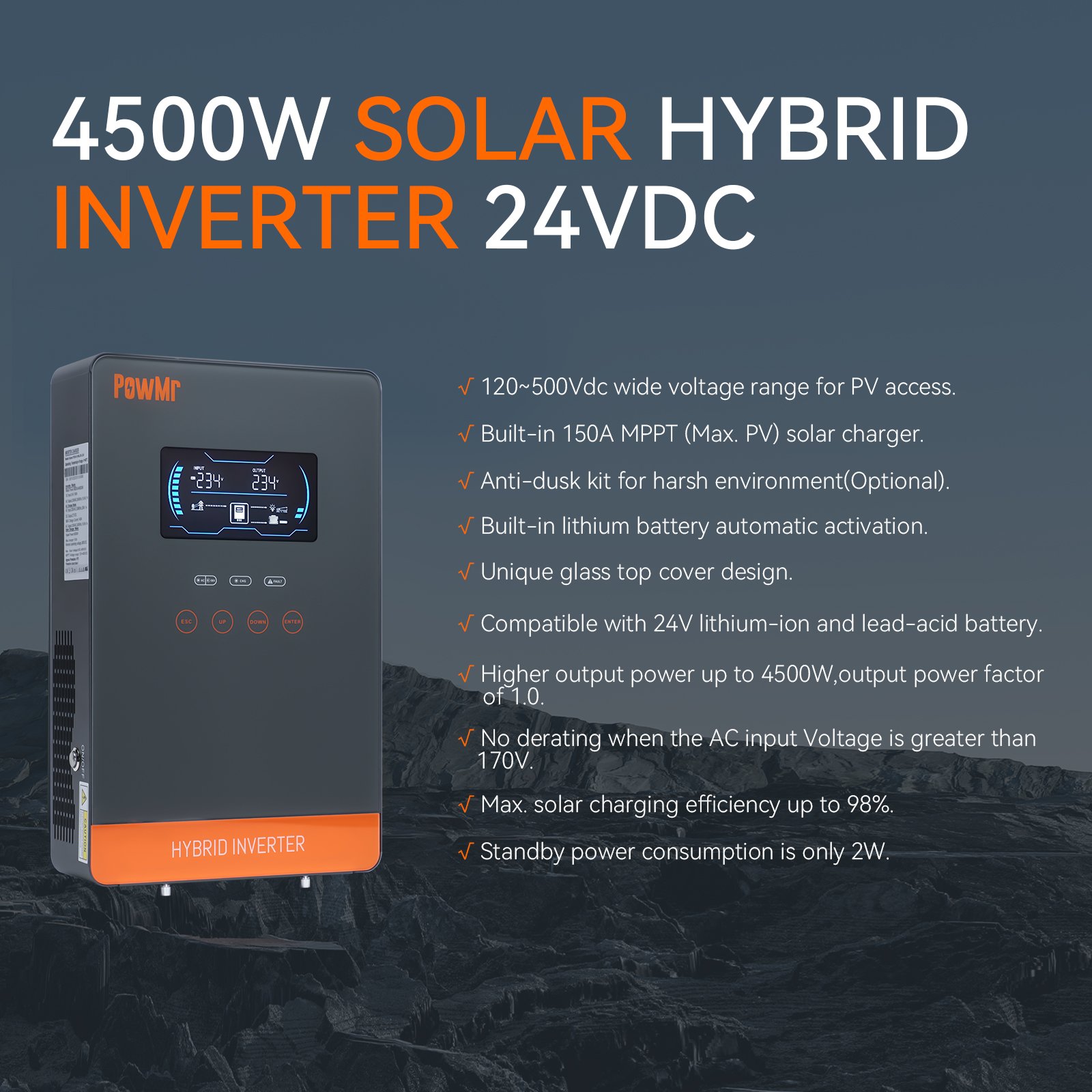 PowMr Off Grid Inverter 4.5KW 24V 6.5KW 48V 120-500Vdc Wide Voltage Hybrid Solar Inverter With MPPT Charge Controller